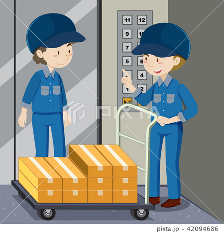 Two workers pushing boxes 42094686