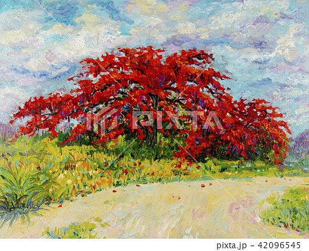 Peacock flowers with street view oil painting. Peacock flowers with street view oil painting. 42096545