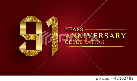 91 years anniversary logo ribbon golden number. 42102483