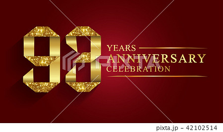 93 years anniversary logo ribbon golden numbers. 42102514