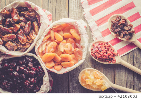 Overhead shot of dried fruits in paper bag 42103003