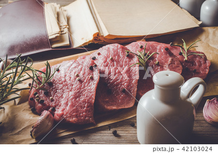 Raw beef steak on wooden table Raw beef steak on wooden table 42103024