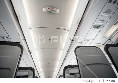 Empty airplane seats in the cabin. Modern Airplane seats in perspective. Transportation concept 42105400