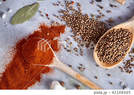 Top view of a wooden spoons full of paprica and coriander on white background, selective focus 42109305