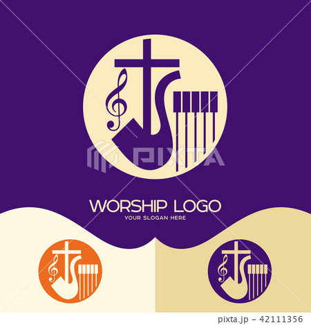 Worship logo. Cross of Jesus, saxophone and notes Worship logo. Cross of Jesus, saxophone and notes 42111356