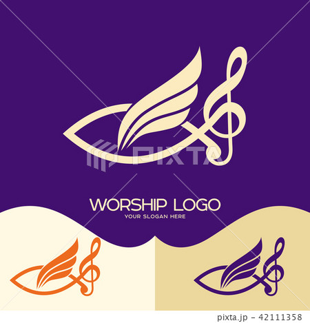 Worship logo. Jesus fish, musical note - treble cl 42111358