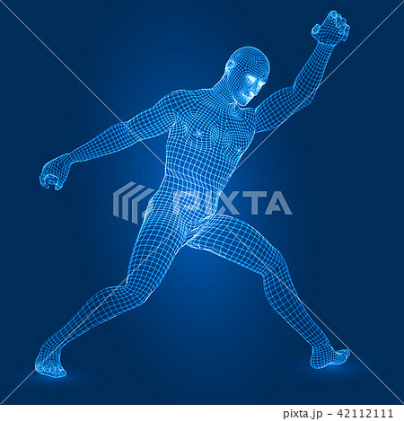 digital man figure in fight pose 3d wireframe style vector illustration. 42112111