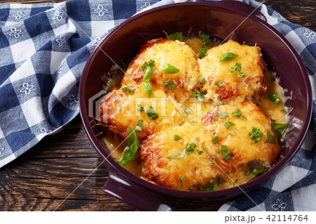Cheesy Smothered Pork Chops, top view Cheesy Smothered Pork Chops, top view 42114764