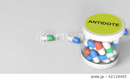 Antidote drug capsules in a jar. 3D rendering Antidote drug capsules in a jar. 3D rendering 42119405
