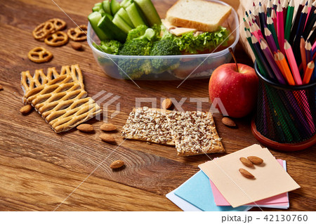 Concept of school lunch break with healthy lunch box and school supplies on wooden desk, selective 42130760