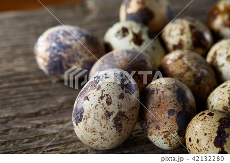 Spotted quail eggs arranged on the background of old wooden boards, with copy-space, selective focus Spotted quail eggs arranged on the background of old wooden boards, with copy-space, selective focus 42132280