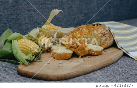 corn bread on a wooden board with corrugated corn 42133877
