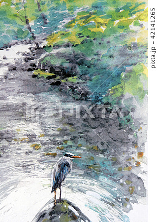 野鳥のいる風景イラスト、アオサギ を描いた手書き水彩画のイラスト