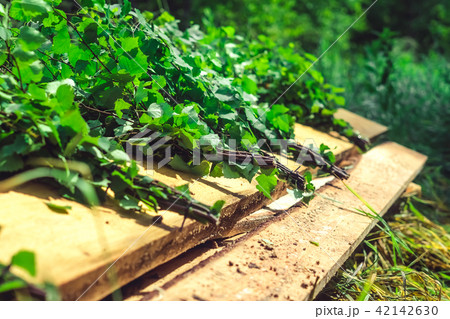 Birch broom lying on brown wooden porch Birch broom lying on brown wooden porch 42142630
