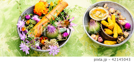 Healing herbs with mortar 42145043