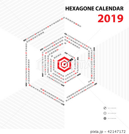2019 Calendar Template.Hexagon shape calendar. 42147172