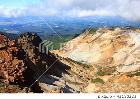 秋の十勝岳連峰から見る安政火口と富良野盆地 42150223