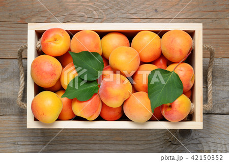 Apricots in wooden box close-up 42150352