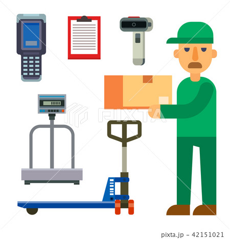 Warehouse worker shipping and delivery flat elements storage business industry vector illustration. 42151021