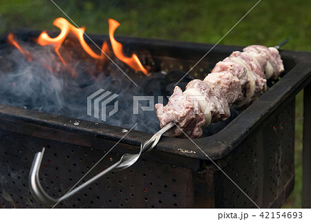 Pieces of raw meat on metal skewer 42154693