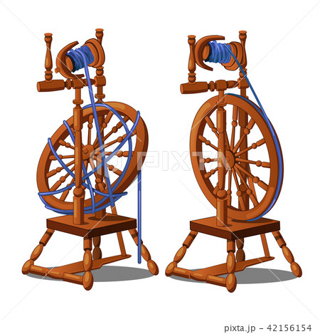 Set of a working and broken antique wooden spinning wheel with yarn and bobbins isolated on a white 42156154
