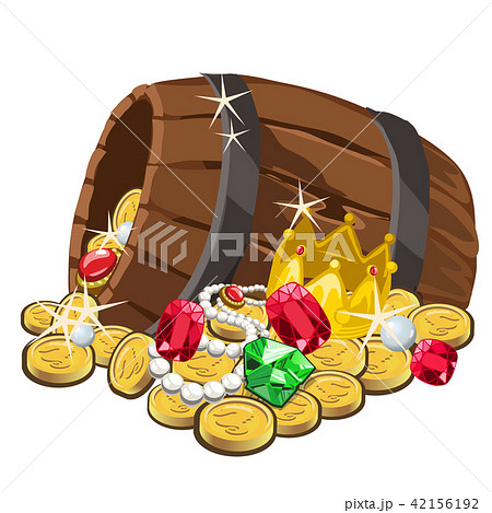 Wooden barrel with gold coins and precious stones isolated on white background. Vector cartoon close Wooden barrel with gold coins and precious stones isolated on white background. Vector cartoon close 42156192