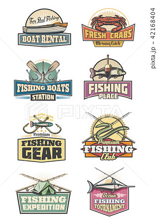 Fishery gear fishing club retro icons rod and fish 42168404