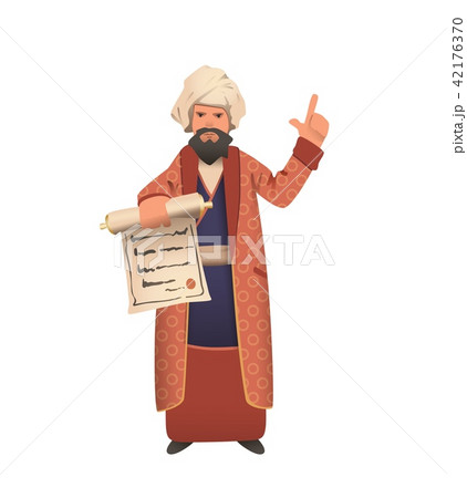 Wise vizier in white turban showing scroll and giving speech. Flat vector illustration. Isolated on 42176370