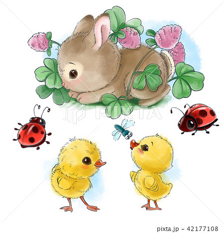 Happy bunny with Easter eggs, chicks and bugs cartoon isolated clipart on white background Happy bunny with Easter eggs, chicks and bugs cartoon isolated clipart on white background 42177108
