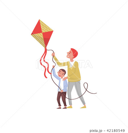 Father and son with flying kite outdoor. Happy childhood. Dad having fun with his kid. Flat vector 42180549