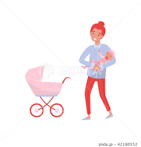 Smiling mother holding infant daughter in hands. Young mom, newborn kid and pink baby carriage Smiling mother holding infant daughter in hands. Young mom, newborn kid and pink baby carriage 42180552