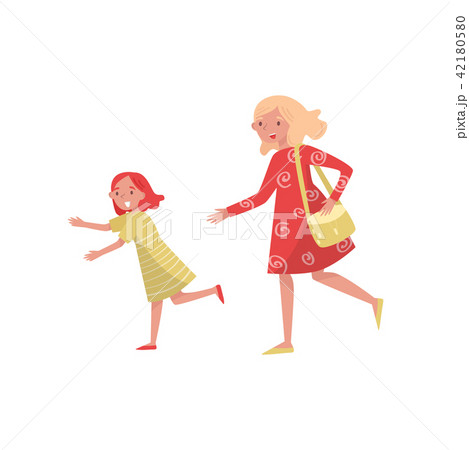 Cheerful mother and her daughter in running action. Young woman and little girl. Motherhood theme Cheerful mother and her daughter in running action. Young woman and little girl. Motherhood theme 42180580