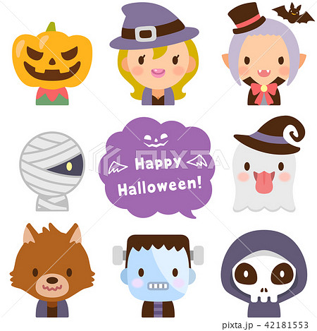 ハロウィンのかわいいモンスター ハッピーハロウィン 顔 フラット アイコン セットのイラスト素材