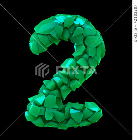 Number two 2 made of broken plastic green color isolated black background 42183287
