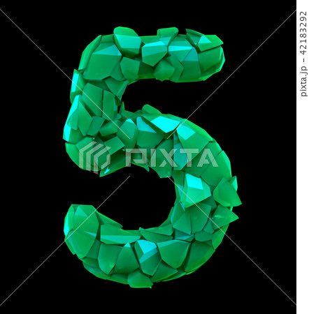 Number five 5 made of broken plastic green color isolated black background 42183292
