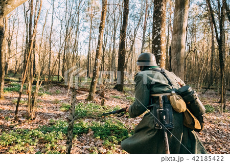 Re-enactor Dressed As German Infantry Wehrmacht Soldier Of The World War II 42185422