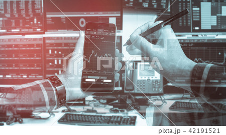 Double exposure of hand holding blank smartphone Double exposure of hand holding blank smartphone 42191521