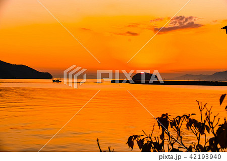 海　秋の季節　夕凪の海　(津奈木町海岸の夕日)(漁港)　撮影日；2017年11月 42193940