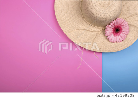 Gerbera and hat. Colorful summer female fashion on pink blue background 42199508
