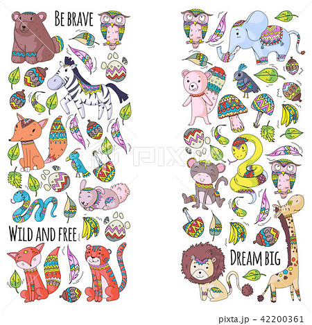 Pattern with cute forest and jungle animals. Fox, tiger, lion, zebra, bear, bird, parrot, snake 42200361