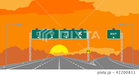 Y junction Highway or motorway and green signage Y junction Highway or motorway and green signage 42200811