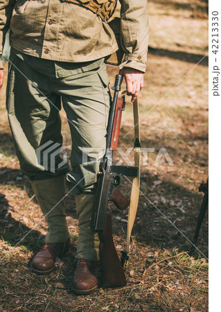 Re-enactor Dressed As Soldier Of Usa Infantry Of World War Ii Holds Re-enactor Dressed As Soldier Of Usa Infantry Of World War Ii Holds 42213330