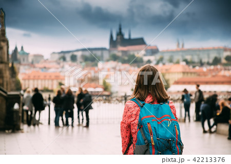 Prague, Czech Republic. Young Caucasian Woman Looking At Upper Town 42213376