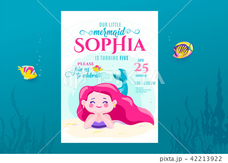 Mermaid birthday cute invite card design for little princess. Kids party anniversary. Sea underwater Mermaid birthday cute invite card design for little princess. Kids party anniversary. Sea underwater 42213922