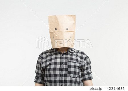 Portrait of men in happy paper bag mask on white background 42214685