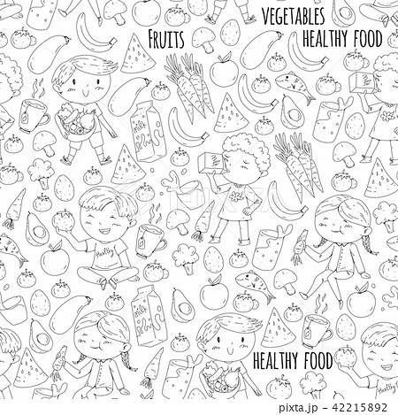 Healthy food for children. Kindergarten, school kids eating watermelon, eggplant, fish, tomato Healthy food for children. Kindergarten, school kids eating watermelon, eggplant, fish, tomato 42215892