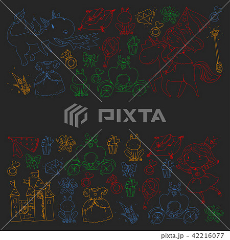 Princess vector patterns. Cute little princess with unicorn and dragon. Castle for little girl Princess vector patterns. Cute little princess with unicorn and dragon. Castle for little girl 42216077