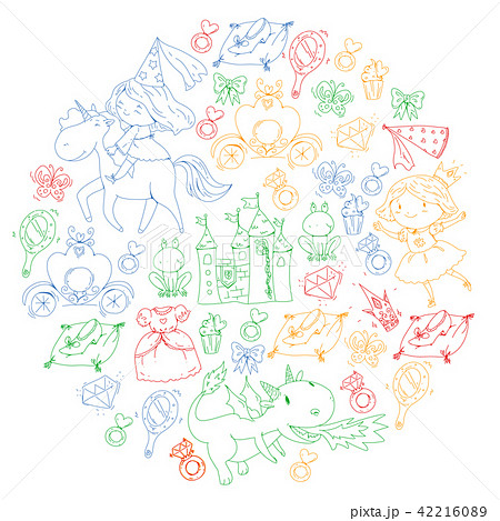 Princess vector patterns. Cute little princess with unicorn and dragon. Castle for little girl Princess vector patterns. Cute little princess with unicorn and dragon. Castle for little girl 42216089