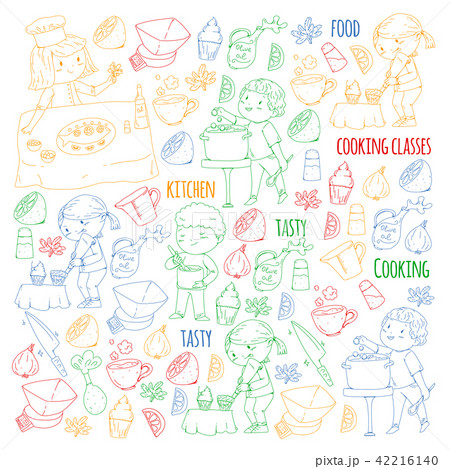 Cooking class banners, courses for little kindergarten children. Kitchenware, kitchen items, utensil Cooking class banners, courses for little kindergarten children. Kitchenware, kitchen items, utensil 42216140