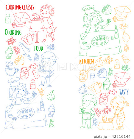 Cooking class banners, courses for little kindergarten children. Kitchenware, kitchen items, utensil 42216144